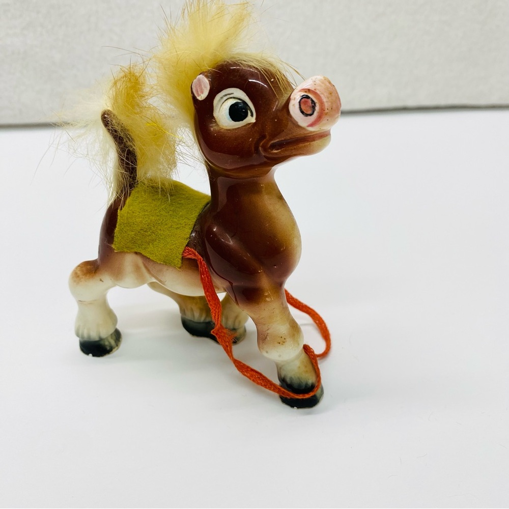 Vintage Porcelain Horse Pony Made in Japan Brown w/ Blonde Hair Boys Room Decor